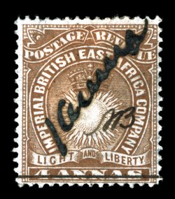 S.G. 26, 1891 1 Anna Mombasa provisional surcharge on 4a Brown, initialed A.B, another exceedingly rare mint example, however this copy is is a heavy manuscript surcharge
applied with a thicker nib, which the Stanley Gibbons catalog notes co