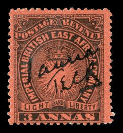 S.G. 32, 1891 1 anna Mombasa provisional surcharge on 3a Black on dull red, initialed T.E.C.R., an exceptionally fresh mint example of this British East Africa rarity, bright
color and paper, o.g, h.r., very fine overall a key stamp that is