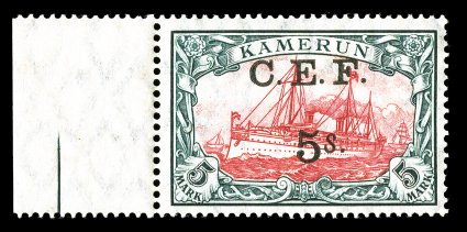 S.G. B10-13, 1915 1- to 5- Kaiser Yacht overprints, the 5- value being a left sheet-margin single, wonderfully bright and fresh, well centered, o.g., lightly hinged, very fine
(Scott 62-65 $810.00).