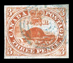 S.G. 1, 1851 3p Red, four full to mostly large margins, fresh color, light blue target cancel, choice very fine 2001 Brandon certificate (Scott 1 $1,100.00).