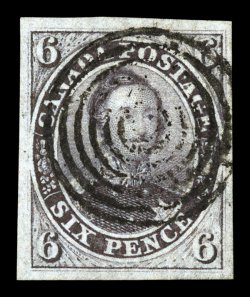 S.G. 3, 1851 6p Brown purple, a marvelously choice used single, featuring four large and exceptionally well balanced margins, rich luxuriant color and a well defined
impression, target cancel, extremely fine 1976 BPA certificate (Scott 2b $1,
