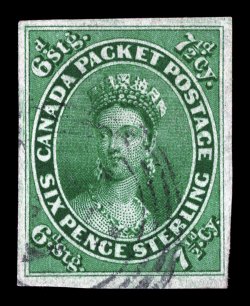 S.G. 12, 1857 7½p Yellow green, large margins all around, rich bright color, uncommonly light cancel, faint diagonal crease at bottom left, otherwise extremely fine 1969 BPA
certificate (Scott 9 $3,250.00).