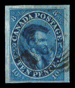 S.G. 15, 1855 10p Blue, full to mostly large margins around, deeply rich color and a strong impression, light cancel, small margin thin and a faint trace of a horizontal
crease, very fine appearance clear 1995 Brandon certificate (Scott 7 $1,