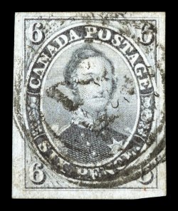 S.G. 19, 1857 6p Grey lilac on thick wove paper, four large margins, strong color and impression, fairly light cancel, tiny margin thin specks and a trivial corner crease at
top left, extremely fine appearance clear 1977 RPS certificate (Scott