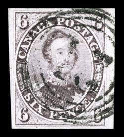 S.G. 23, 1857 6p Reddish purple on very thick soft wove paper, a striking used single, featuring large margins all around including a huge right margin, sumptuously rich color
and a highly detailed impression on pristine white paper, light four-