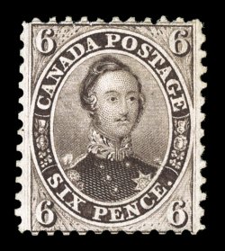 S.G. 27, 1859 6p Brownish grey, a very rare unused example, rich color and a clean impression, wide margins, two shallow thin spots, fine appearance clear 1963 BPA certificate
(Scott 13 $13,500.00).
