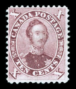 S.G. 38, 1859 10c Bright red purple, lovely mint single that happens to possess a short transfer at bottom, beautiful bright color and a strong impression that accentuates the
short transfer, well centered with full perforations, full o.g.,