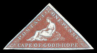 S.G. 1a, 1853 1p Deep brick red on deeply blued paper, an especially desirable mint copy, possessing large margins on all three sides, deep color and a remarkably intense
impression showing the bluing of the paper extraordinarily well, large par