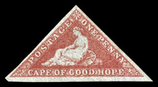 S.G. 3, 1853 1p Brick red on slightly bluish paper, large margins all around including a bottom sheet margin, strong rich color and a well incised impression, o.g., very fine
and choice an exceptionally scarce stamp in this premium original gum