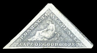 S.G. 7c, 1862 6p Slate lilac on blued paper, an exceedingly choice mint example of this rare shade, possessing large to huge margins all around, including a portion of the
adjoining stamp at right, rich fresh color in this distinctive shade, ful