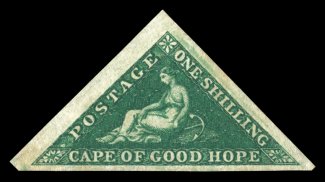 S.G. 8b, 1859 1- Deep dark green on white paper, large to huge margins all around including an impressive left sheet margin, especially deep color and an intense impression,
full original gum, extremely fine gem (Scott 6a $325.00).