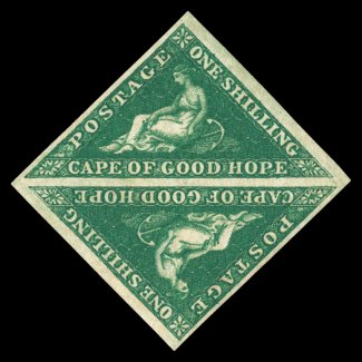 S.G. 8b, 1859 1- Dark green on white paper, mint square pair, deep intense color and impression, large to extra-large margins all around, full but slightly disturbed o.g.,
very fine (Scott 6a $825.00).
