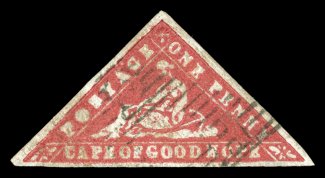 S.G. 13a, 1861 1p Carmine Wood Block, a highly desirable used copy of this very scarce stamp, with large even margin all around, deeply rich color and an uncommonly strong
impression, light cancel, extremely fine a wonderful condition rarity