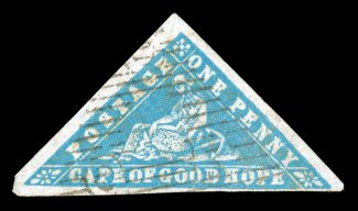 S.G. 13c, 1861 1p Pale milky blue Wood Block error of color, large margins all around, beautiful fresh color and an excellent clarity of impression on pristine white paper,
lightly cancelled, there is the faintest trace of a crease at right, v