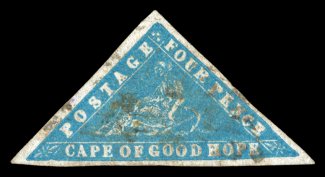 S.G. 14b, 1861 4p Pale bright blue Wood Block, large margins on all three sides, bright color and a crisp impression, light cancel, faint pressed out crease at right,
otherwise extremely fine clear 1927 RPS certificate (Scott 9a $2,400.00).