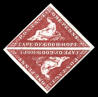 S.G. 18, 1864 1p Deep carmine red, mint square pair, large margins on all four sides, sumptuously rich color and a deeply etched impression, full original gum, choice very
fine signed A. Diena (Scott 12 $475.00).