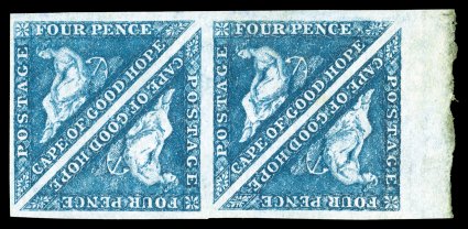 S.G. 19a, 1864 4p Blue, margin block of four, with the other three margins being quite large, rich luxuriant color and a highly detailed impression, large part o.g., a couple
faint natural paper bends at top, extremely fine an especially handso