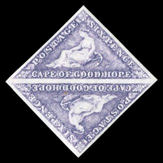 S.G. 20, 1864 6p Bright mauve, mint square pair, large margins all around, brilliantly fresh color and a strong impression, full original gum, small natural gum crease affects
one stamp, choice very fine signed A. Diena (Scott 14 $600.00).
