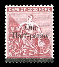 S.G. 46, 1882 One Half-penny. surcharge on 3p Deep claret, watermarked crown and CC, an incredibly rare mint single, strong rich color, full original gum, h.r., light
horizontal crease, otherwise fine all other unused copies we have ever