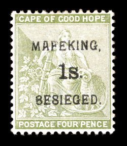 S.G. 5. 1900 1- Mafeking surcharge on 4d Sage green, position 3, a very rare mint example, well centered, fresh color, full original gum, h.r., small natural gum bend, very
fine one of the important mint rarities of the Mafeking issues cl