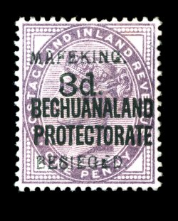 S.G. 7, 1900 3p Mafeking Surcharge on 1p Lilac, setting 6, well centered, strong rich color, o.g., very fine an elusive mint stamp 1996 Brandon certificate (Scott 168
$1,000.00).