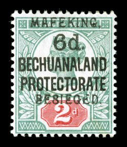 S.G. 8, 1900 6p Mafeking surcharge on 2p Green and carmine, setting 6, an exceedingly bright and fresh copy of this rare stamp, with deep vibrant colors, full o.g., relatively
lightly hinged, trivial gum bend at top right, very fine clear 1990