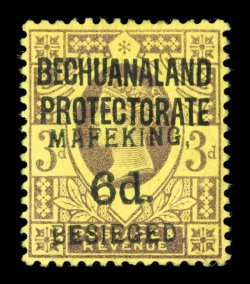 S.G. 9, 1900 6p Mafeking surcharge on 3p Purple on yellow, position 3, a fresh example of this enormously rare mint stamp, wonderfully bright colors, uncharacteristically well
centered, o.g., h.r., insignificant gum bend, very fine one of the