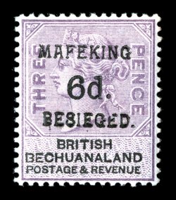 S.G. 10, 1900 6p Mafeking surcharge on 3p Lilac and black, well centered, deeply rich color on fresh paper, o.g., lightly hinged, trivial natural gum bend, very fine 1973 RPS
certificate (Scott 171 $450.00).