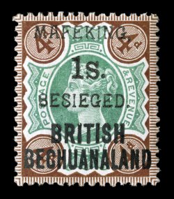 S.G. 11, 1900 1- Mafeking surcharge on 4p Green and purple brown, setting III, an unusually choice mint example of this scarce value, vibrant colors and well centered, o.g.,
lightly hinged, very fine 2001 Brandon certificate (Scott 172 $1,65