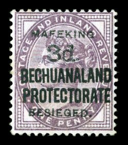 S.G. 12, 1900 3p Mafeking surcharge on 1p Lilac, wonderfully bright and fresh, o.g., lightly hinged, nearly very fine a challenging stamp to find mint 2004 Ceremuga
certificate ex-Rubin (Scott 173 $1,050.00).