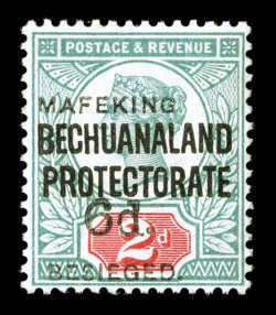 S.G. 13, 1900 6p Mafeking surcharge on 2p Green and carmine, unused, fresh colors, nicely centered, traces of o.g., very fine 1978 PF certificate (Scott 174
$1,300.00).