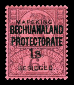 S.G. 14, 1900 1- Mafeking surcharge on 6p Purple on rose red, uncommonly well centered, deep intense colors, o.g., very fine an especially desirable example of a stamp that is
missing from even the most advanced mint collections 1956 RPS and
