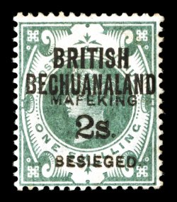 S.G. 16, 1900 2- Mafeking surcharge on 1- Green, handsome example of this very rare stamp, strong rich color, o.g., relatively lightly hinged, very fine overall of the 570
stamps issued, nearly all were used, leaving only a handful of mint