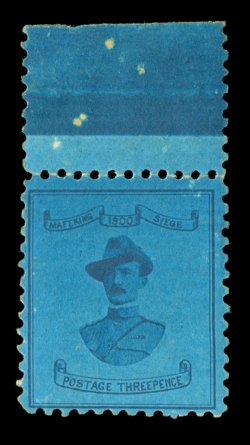 S.G. 20, 1900 3p Deep blue on blue, General Baden-Powell, narrow format, top sheet-margin single, strong colors, full o.g., very fine 2001 Brandon certificate (Scott 179
$1,400.00).
