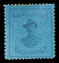 S.G. 21, 1900 3p Pale blue on blue, General Baden-Powell, wide format, a highly desirable example of this extremely rare mint stamp, attractive colors, centered a bit to
bottom as usual, slightly disturbed o.g., very fine for this 2006 Brandon