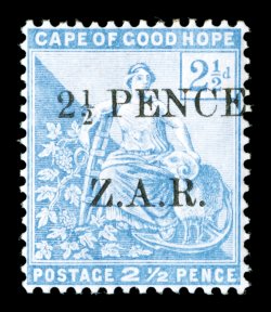 S.G. 4, 1899 2½pZ.A.R. Vryburg surcharge on 2 12p Blue, well centered, bright fresh color, o.g., relatively lightly hinged, very fine a pleasing example of this seldom offered
stamp 2002 Brandon certificate (Scott N4 $2,000.00).