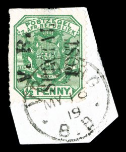 S.G. 11, 1900 V.R.SpecialPost overprint on ½p Green, tied to piece by full VryburgMy 16 19(00) c.d.s., well centered, bright color, very fine a lovely example of this rare
stamp that is found only used 2004 BPA certificate (Scott N5 $