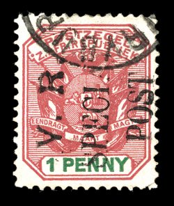 S.G. 12, 1900 V.R.SpecialPost overprint on 1p Rose red and green, well centered, rich colors, neat portion of a Vryburg c.d.s., improved bottom right corner perforation,
otherwise very fine only 60 were issued clear 2004 Brandon certif