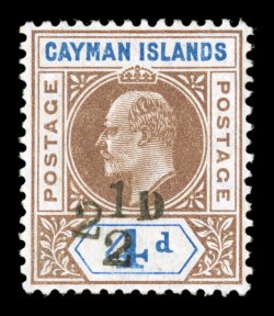 S.G. 35, 1908 2 ½d on 4p Brown and blue, handsome example of this scarce key to the colony, well centered, strong rich colors, o.g., lightly hinged, very fine 1998 BPA
certificate (Scott 20 $2,000.00).