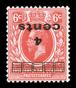 S.G. 64, 1919 4 Cents on 6c Scarlet, error and variety group of seven items, includes normal, inverted and double surcharges, one with bars omitted (corner sheet-margin
single) and three with misplaced overprints, including a gutter block with