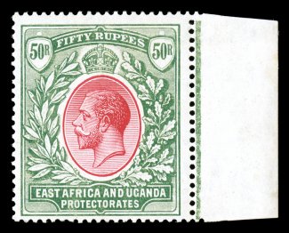 S.G. 75, 1921 50R Carmine and green, impressive right sheet-margin single, bright fresh colors, full o.g., very fine 1988 Enzo Diena and 2006 Brandon certificates (Scott
K.U.T. 11 $2,500.00).