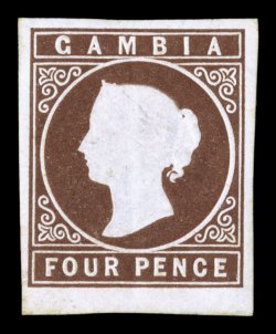 S.G. 1, 1869 4p Brown, four large margins, deep rich color and crisp detailed embossing, full o.g., very fine (Scott 1a $575.00).