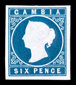 S.G. 3, 1869 6p Deep blue, deep intense color, excellent impression and embossing on immaculate white paper, four large margins, part o.g., very fine ex-Gilbert (Scott 2
$550.00).