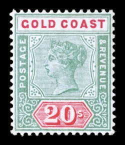S.G. 24, 1889 20- Green and red, marvelously well centered, fresh colors on clean white paper, full original gum, light ink mark on gum, very fine an exceedingly choice
example of this rare stamp, which is the key to completing the colony (Sco