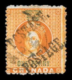 S.G. 28a, 1883 Half of 1p Orange revenue with provisional Postage. overprint, unsevered pair, rich bright color, light c.d.s. cancel, a fine example of this scarce unsevered
pair 2006 Brandon certificate (Scott 14a $1,500.00).