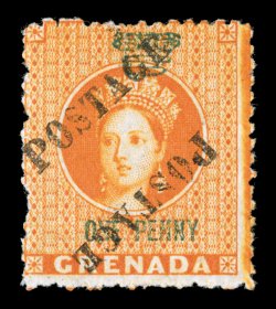 S.G. 29a, 1883 Half of 1p Orange revenue with provisional Postage. overprint, unsevered pair, deep vibrant color, o.g., h.r., minor gum bend, fine and quite scarce signed
Thier and others (Scott 15a $1,750.00).
