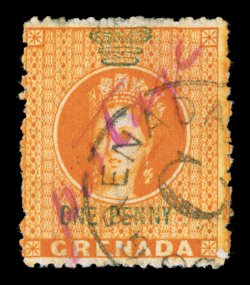 S.G. 29 footnote, 1886 1p Revenue with red manuscript Postage provisional overprint, bright color, usual centering for the basic revenue stamp, clear single circle GrenadaC
c.d.s. of Sauteurs, a fine example of this incredibly rare manuscri