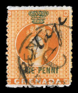 S.G. 29 footnote, 1886 1p Revenue with black manuscript Postage provisional overprint, bright color, C in circle cancel of Sauteurs, light vertical crease, fine appearance a
very rare stamp, as the Walker census records just 28 examples o