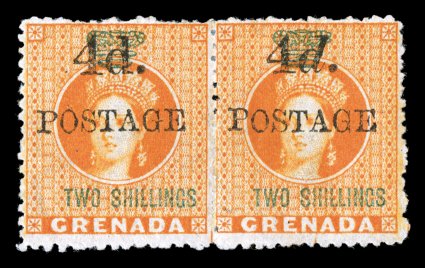 S.G. 41a, 1888 4d.POSTAGE on 2- Orange, upright d, se-tenant horizontal pair, with the left stamp being the scarce upright d and the right stamp with slanted d, lovely fresh
color, full o.g., mild h.r., fine especially scarce and desi