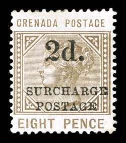 S.G. D7, 1892 2d.SurchargePostage on 8p Grey brown postage due, rich color, nicely centered, part o.g. that is faintly toned, light crease, very fine appearance a scarce
postage due stamp clear 1977 PF certificate and a 2008 BPA certificat